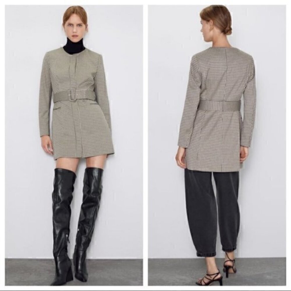 Zara Belted Houndstooth Frock Blazer Coat Size S NWOT